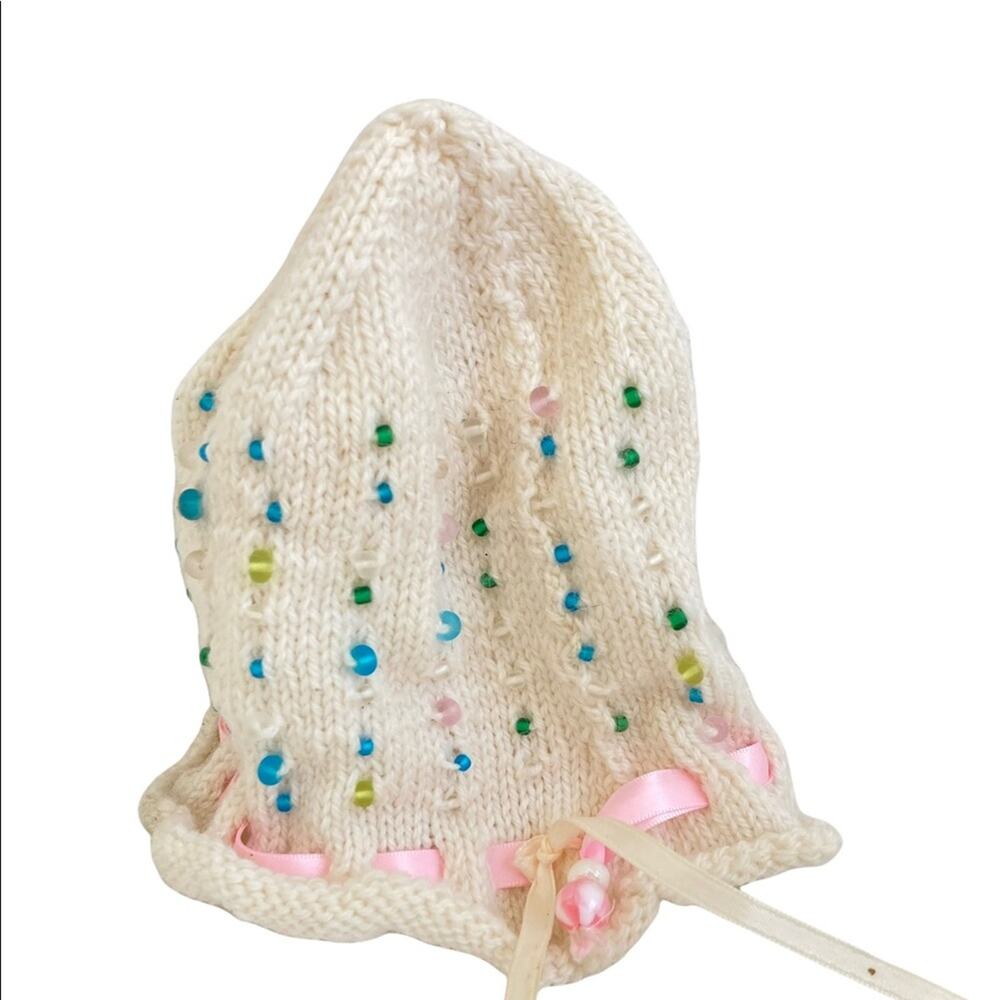 Vintage Handmade Baby Small Hat With Ribbon and Bead Accents